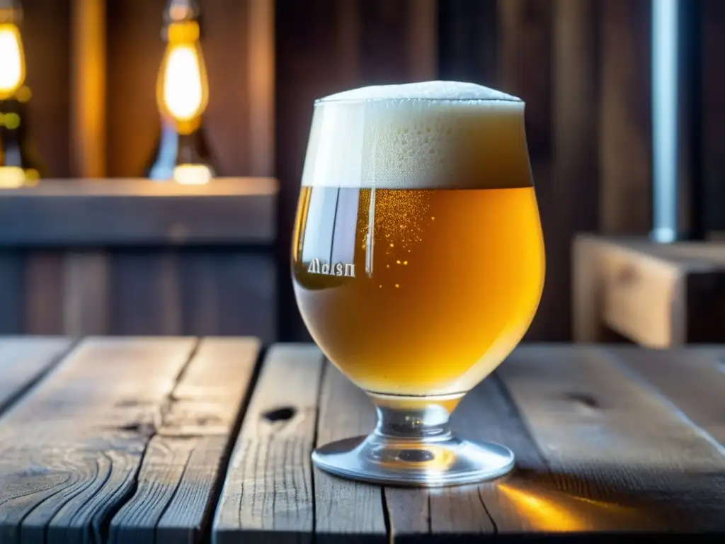 Cerveza Allagash Coolship Resurgam en copa Cerveza Allagash Coolship Resurgam: Detalles de vidrio, efervescencia, aromas de levadura salvaje y roble