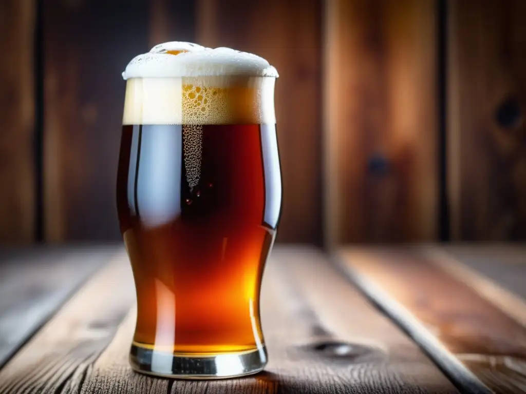 Cerveza Alaskan Amber Ale: brillante y refrescante Vaso de cerveza Alaskan Amber Ale, color ámbar y espuma abundante en mesa de madera