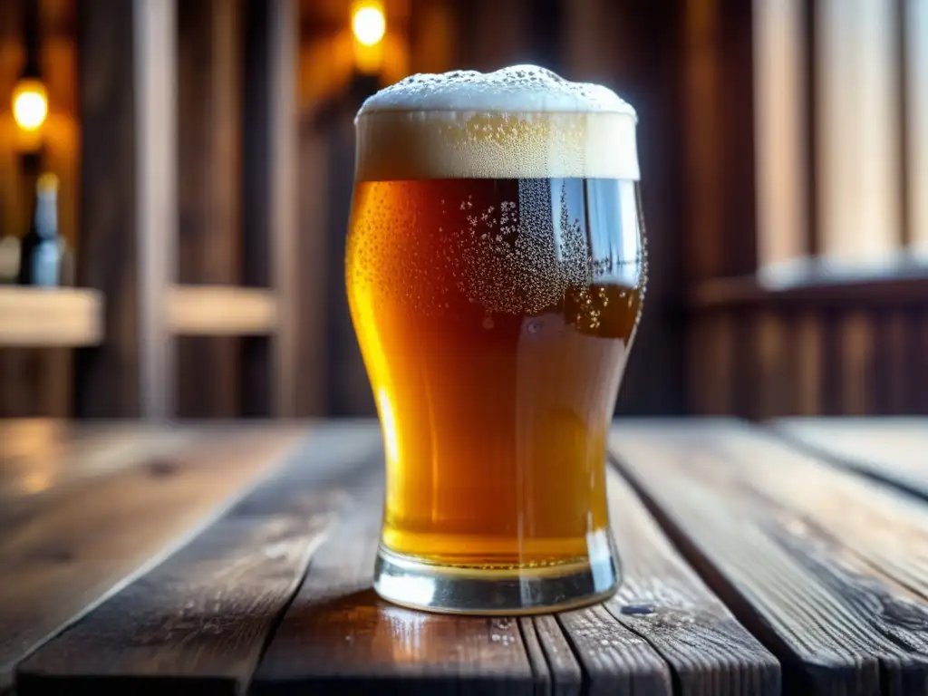 Cerveza ámbar: detalle y elegancia Cerveza ámbar con espuma cremosa en vaso de vidrio en mesa de madera rustica