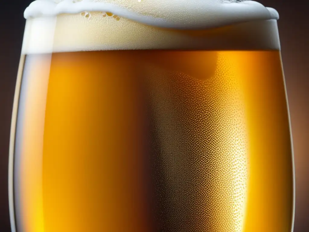 Cerveza ámbar con burbujas y condensación Impresiones y Registro: Cerveza dorada con burbujas y condensación en un vaso, invitando a explorar sabores y aromas