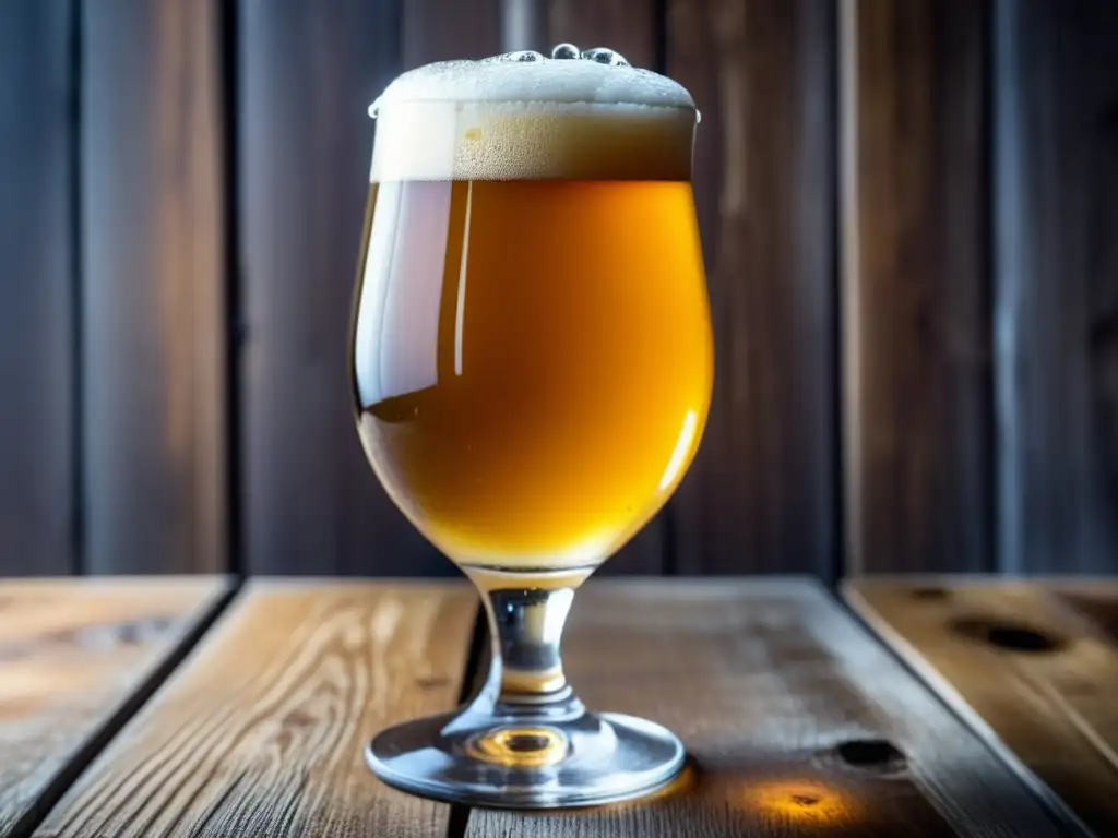 Cerveza dorada efervescente en vaso de vidrio Cervezas ácidas en vaso de vidrio dorado con burbujas y rodaja de limón en mesa de madera rústica