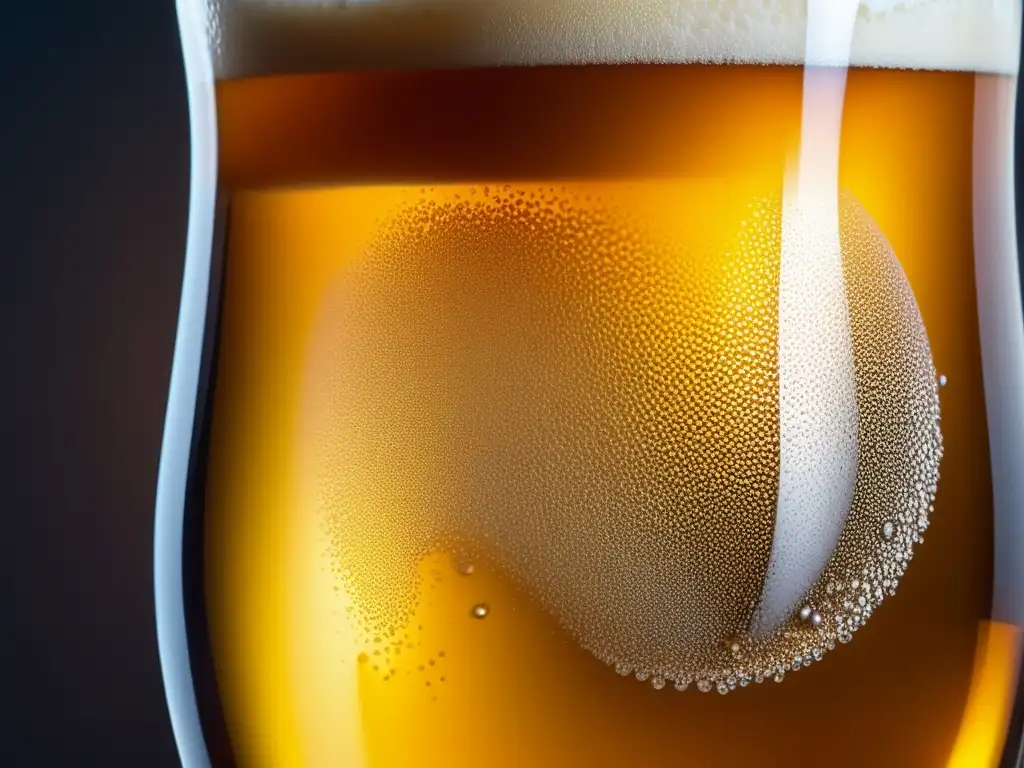 Cerveza dorada y burbujeante Imagen detallada de cerveza ámbar, con espuma y burbujas