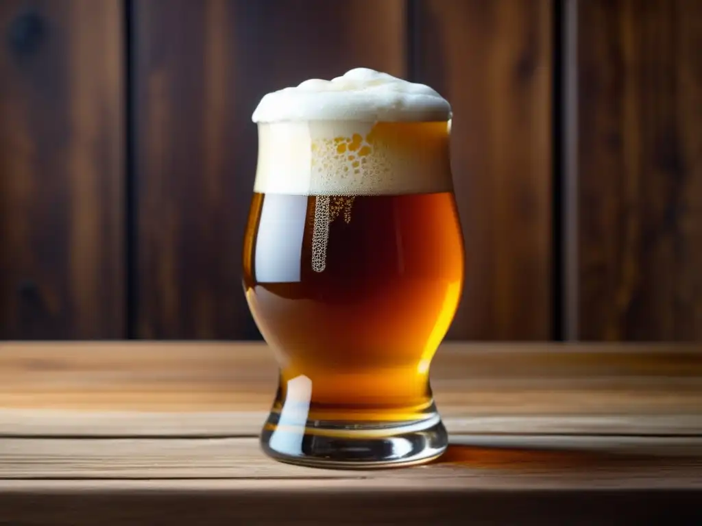 Cerveza ámbar con ingredientes y vidrio limpio Cerveza ámbar con burbujas y espuma cremosa en vaso rodeado de lúpulo y granos de malta