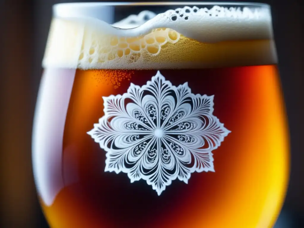 Cerveza ámbar con espuma blanca Cerveza Ácida y Experimentación: Cierre en vidrio con espuma blanca, burbujas y colores vibrantes en una mesa de madera rústica