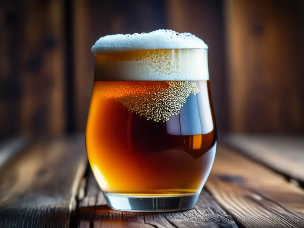 Cervezas Híbridas: Cerveza ámbar con espuma delicada, burbujas ascendentes y elementos botánicos, en una mesa de madera