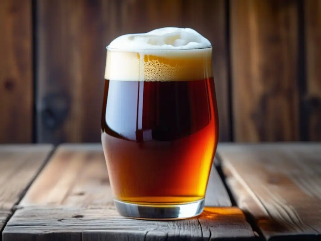 Cerveza Amber Ale con color dorado-rojizo, espuma cremosa y condensación en un elegante vaso sobre mesa de madera rústica