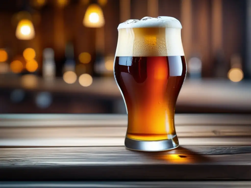 Imagen de una cerveza ámbar con espuma cremosa y detalles de sabor y textura, en una mesa de madera - Temperaturas maceración