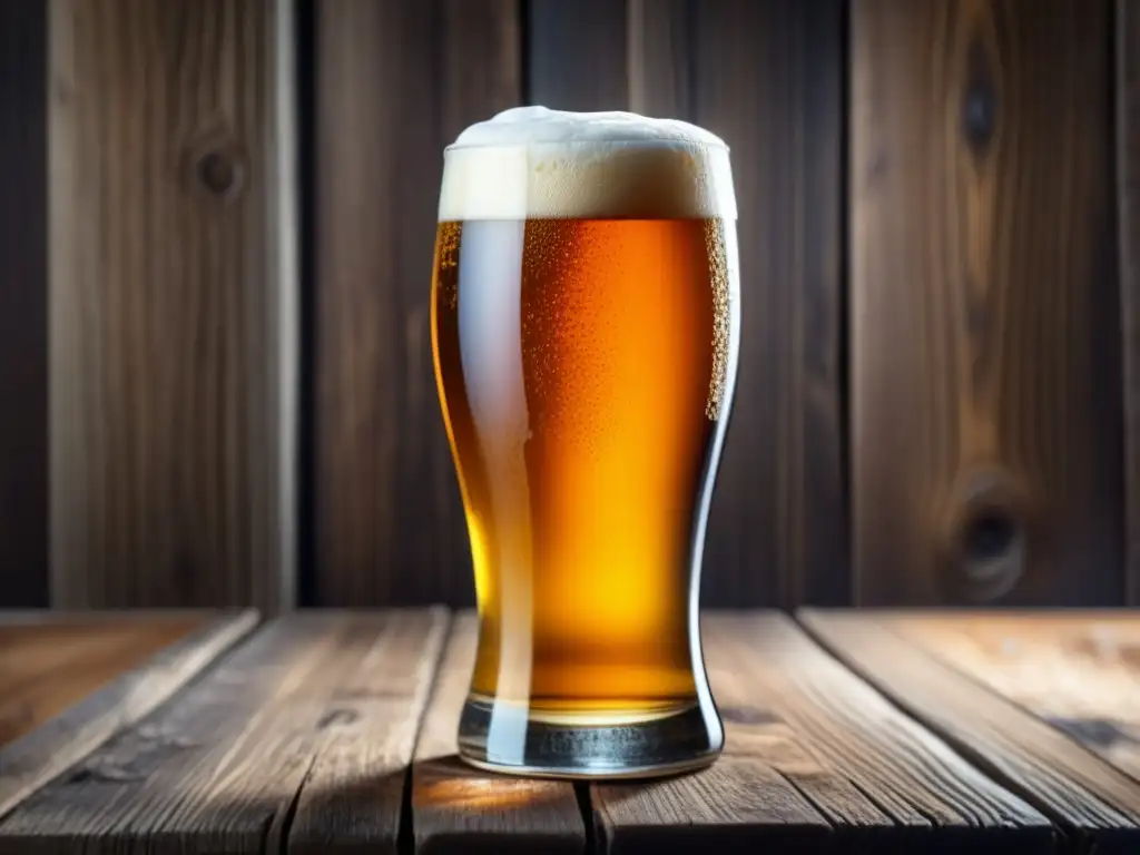 Cerveza ámbar en vaso con espuma cremosa y detalles grabados, refrescante y sofisticada - Maestros del Sabor