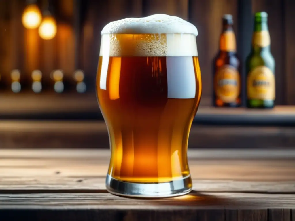 Cerveza ámbar perfectamente servida Cerveza ámbar en vaso de cristal sobre mesa de madera, con espuma cremosa y decorada con lúpulo fresco