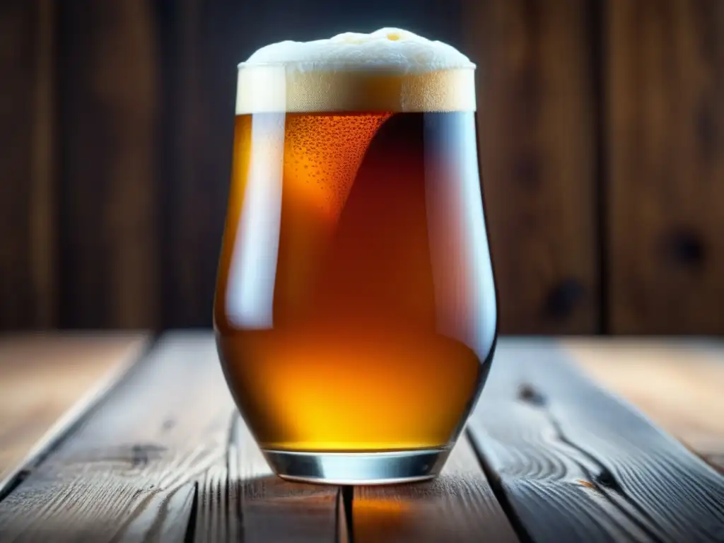 Imagen detallada de una cerveza ámbar en un vaso de vidrio en una mesa de madera, resaltando los tonos ricos de la bebida