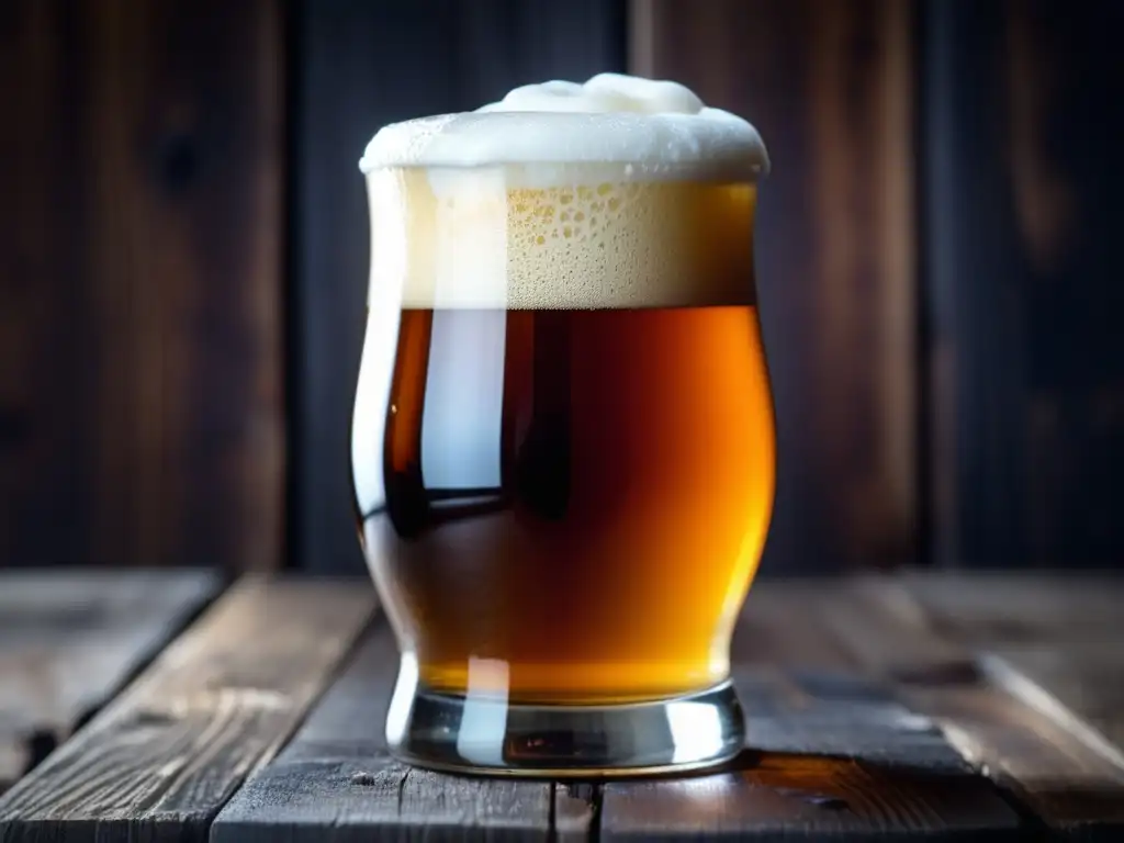 Cerveza ESB: vaso lleno de ambarina y espumosa cerveza, con burbujas y fondo de madera rústica