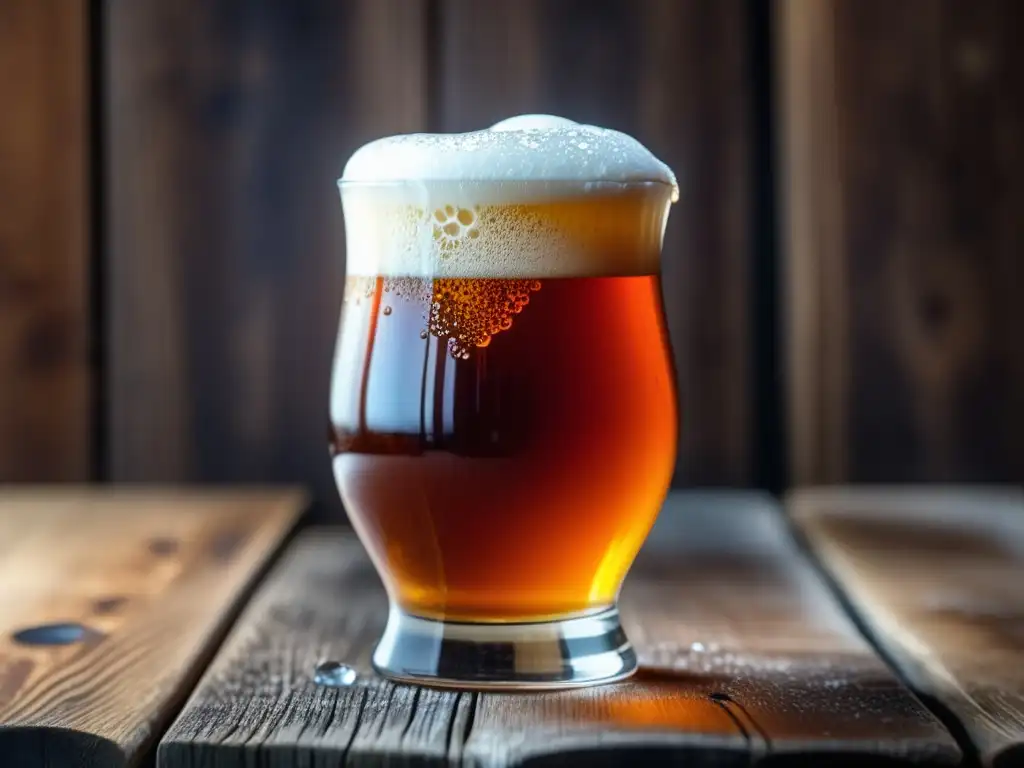 Cerveza ámbar perfectamente servida en mesa rústica Imagen detallada de una cerveza ámbar perfectamente servida en una copa tulipa en una mesa de madera rústica