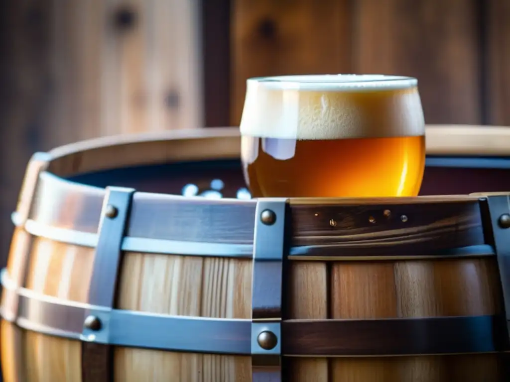 Cerveza dorada en vaso sobre barril Pasión Fermentativa: Cerveza ámbar en vaso sobre barril de madera, burbujas subiendo y condensación fresca