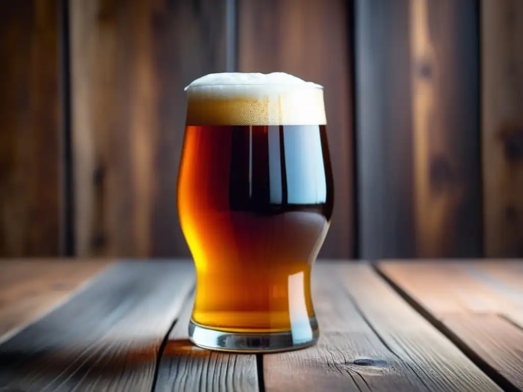 Clasificaciones: Cerveza ámbar en vaso de vidrio sobre mesa de madera, con tonos caramelos y burbujas