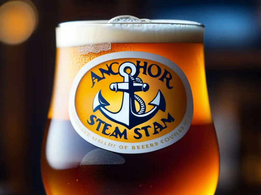 Cerveza Anchor Steam: vaso frío con espuma y burbujas Vaso de cerveza Anchor Steam Beer, espuma abundante, burbujas visibles y fondo difuminado