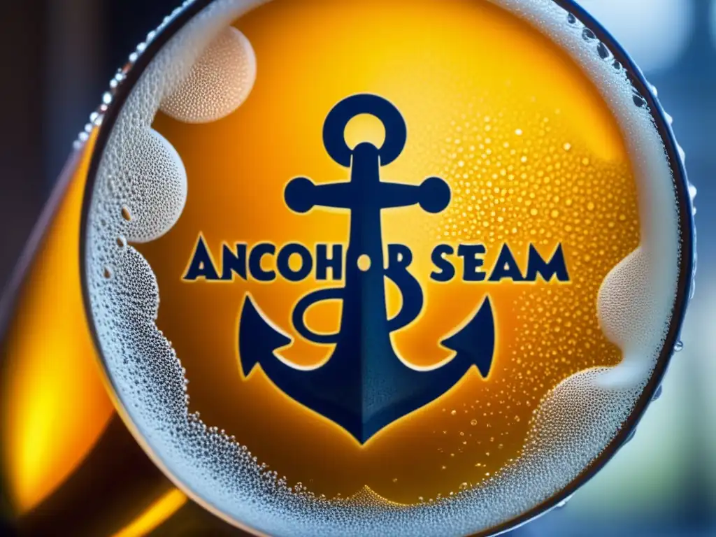 Cerveza Anchor Steam: Detalle y elegancia Cerveza Steam Beer dorada con espuma cremosa y burbujas efervescentes