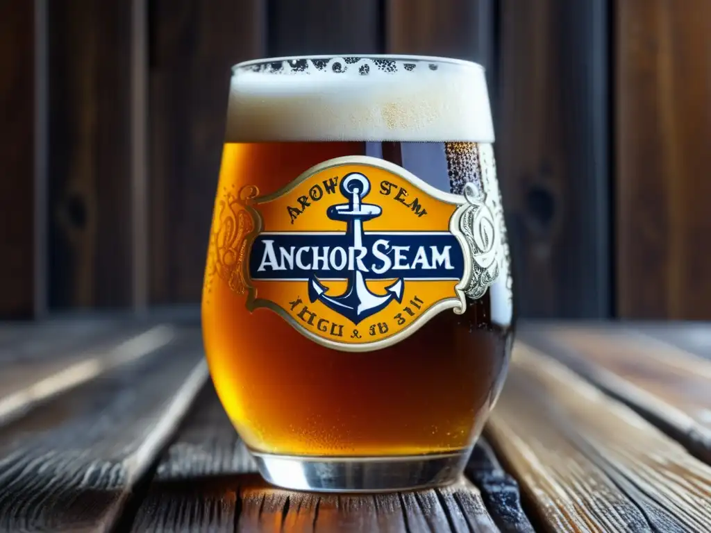 Cerveza Anchor Steam en mesa de madera Imagen detallada de cerveza Anchor Steam en mesa de madera rústica, con burbujas y color ámbar resaltando la artesanía