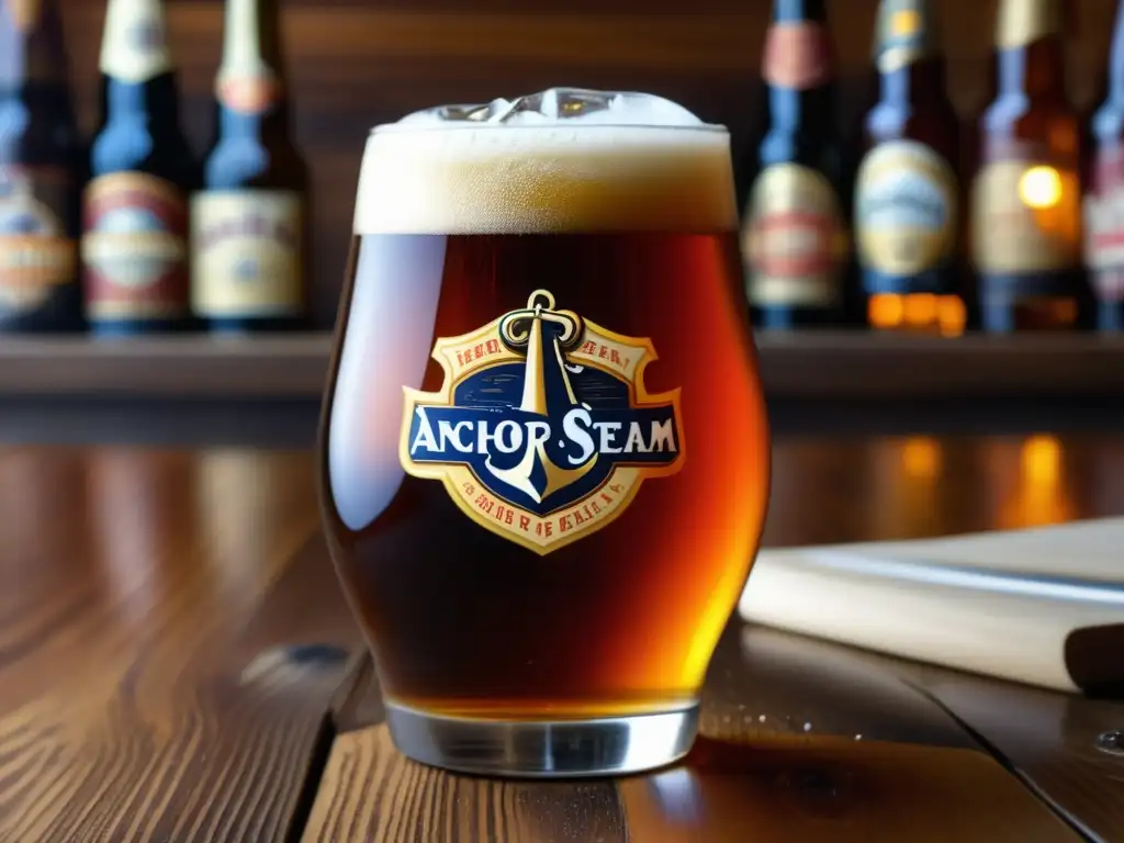 Cerveza Anchor Steam en mesa de madera Vaso de cerveza Anchor Steam Beer, rodeado de ingredientes y equipo de elaboración, con burbujas y condensación