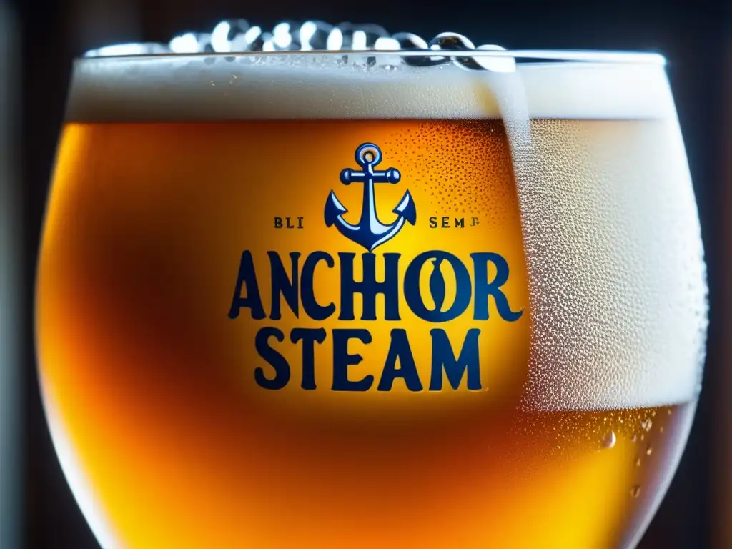 Cerveza Anchor Steam, burbujeante y refrescante Cerveza Anchor Steam, color ámbar, con burbujas y espuma cremosa