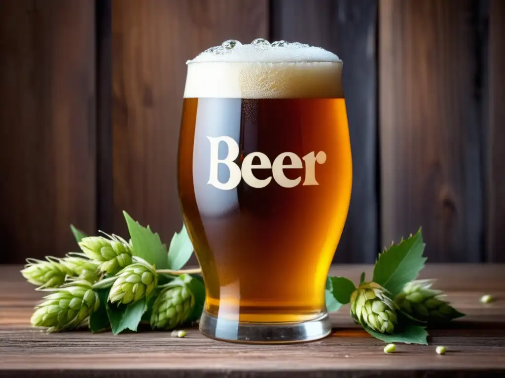 Cerveza artesanal en vaso de cristal Cerveza artesanal ámbar con espuma y condensación en vaso de vidrio, en mesa rústica con flores de lúpulo y granos de cebada - Viajes a Croacia