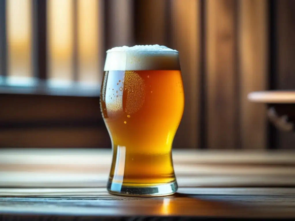 Cerveza ácida vibrante en vaso de cristal Imagen de cerveza ácida vibrante y efervescente en vaso, junto a maridaje cuidadosamente seleccionado -