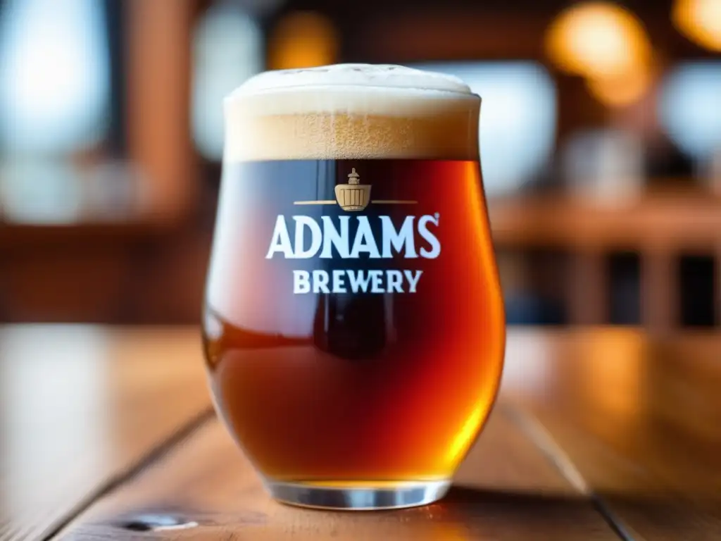 Cerveza Adnams en vaso de vidrio Cerveza artesanal Adnams Brewery, ale ámbar con burbujas y condensación en vaso de madera - 110 caracteres