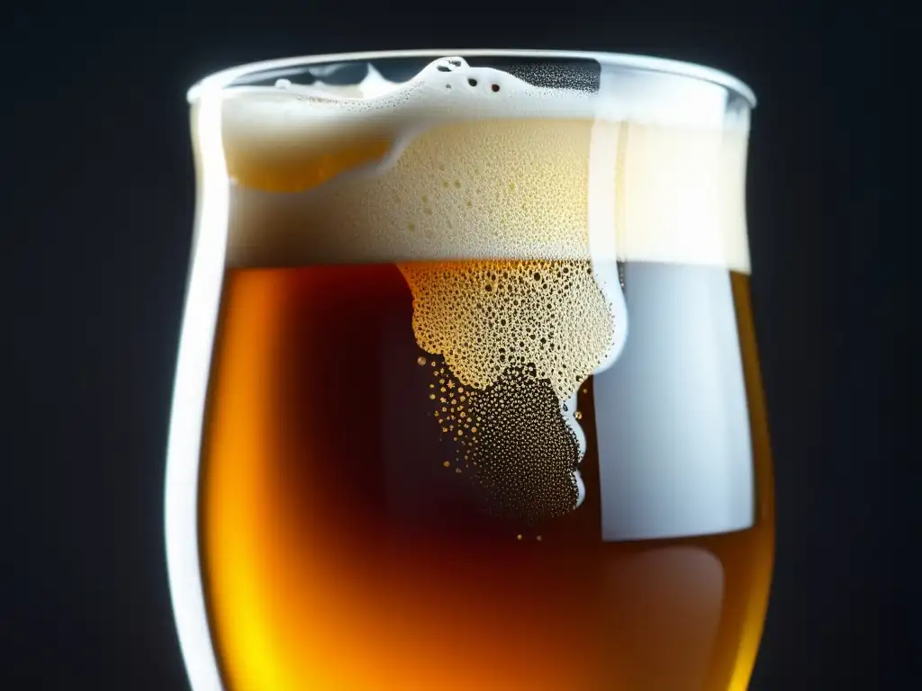 Cerveza artesanal dorada con espuma cremosa Cerveza artesanal de color ámbar con espuma cremosa y burbujas, resaltando su sabor exótico