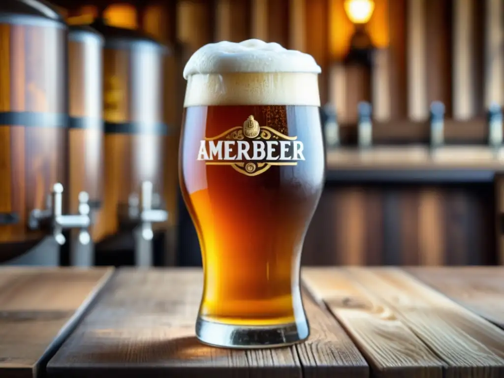 Cerveza artesanal ámbar en vaso de vidrio Cerveza artesanal ámbar con espuma cremosa y engravings de Las Raíces de la Cerveza