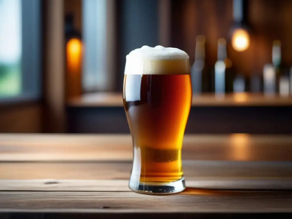 Cerveza artesanal dorada en vaso de vidrio - Cerveza artesanal con color ámbar y espuma blanca, iluminada suavemente en mesa de madera - Iluminación y Cerveza