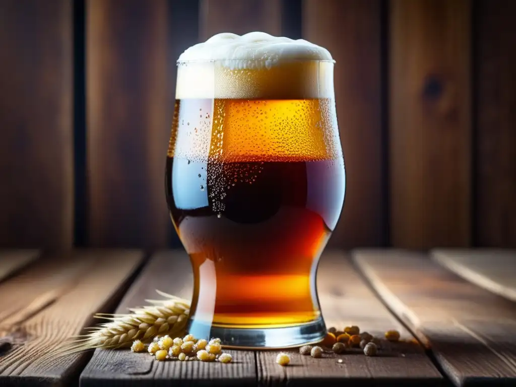 Cerveza artesanal ámbar en vaso rústico Cerveza artesanal ámbar con textura y espuma, en un vaso de vidrio sobre una mesa de madera rústica, rodeada de lúpulos y granos de cebada