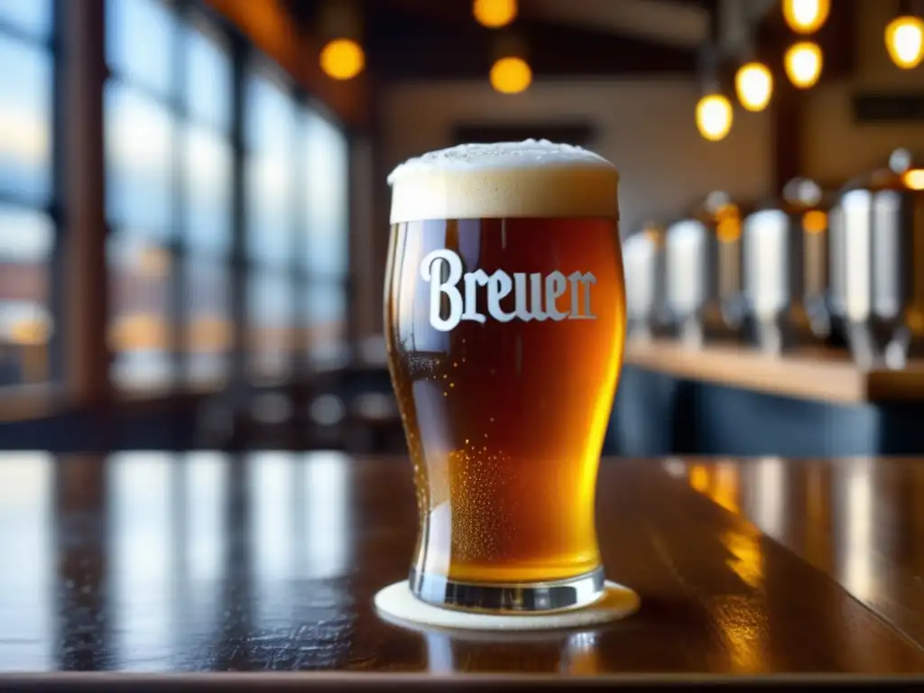 Detallada imagen de cerveza artesanal en vaso Pintura de cerveza artesanal ámbar en vaso con espuma blanca y condensación, en una mesa de madera - Viajes a Costa Rica