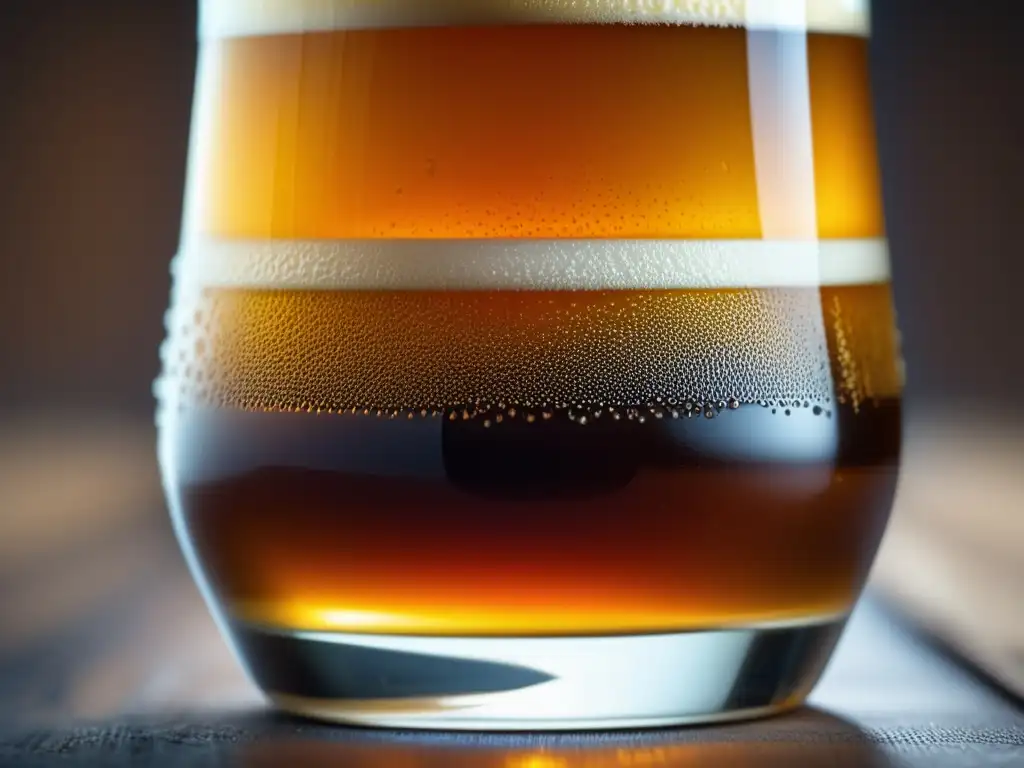 Cervezas especiales: Vaso artesanal con cerveza ámbar, espuma cremosa y detalles intrincados