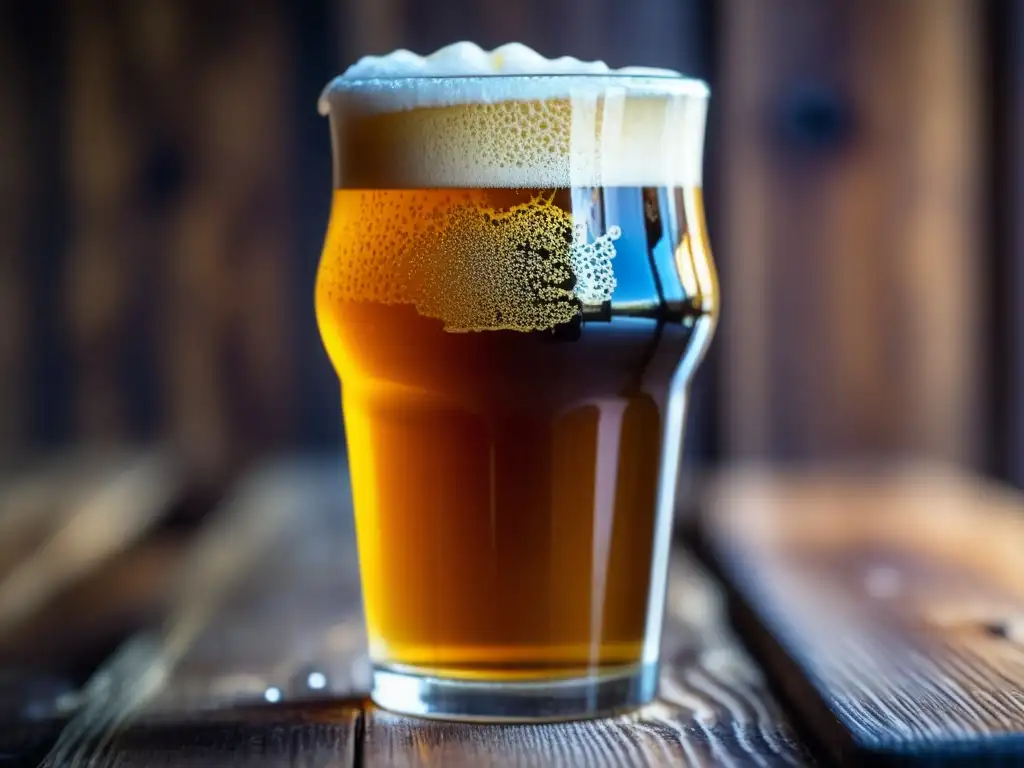 Cerveza artesanal dorada en vaso de pinta Una cerveza artesanal dorada en vaso, con condensación brillante y burbujas ascendentes