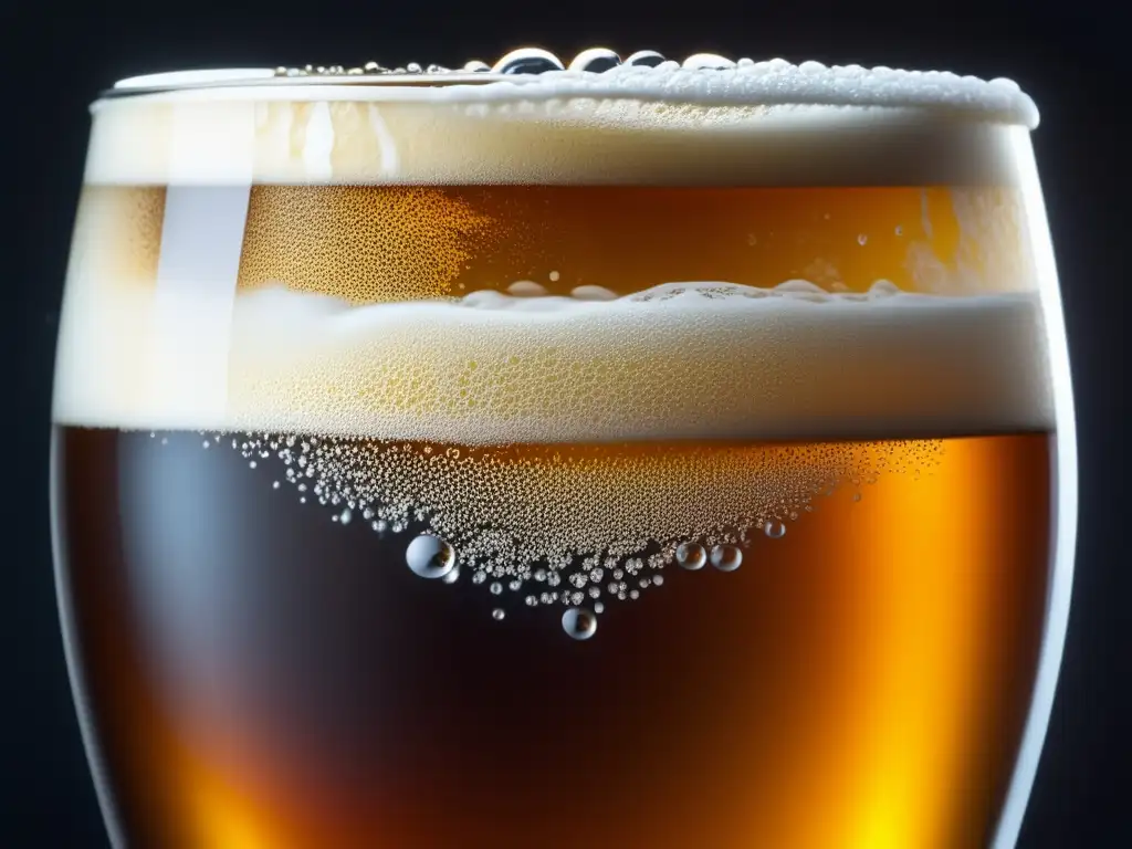 Cervezas especiales: Imagen detallada de una cerveza artesanal con burbujas y espuma blanca en un vaso, en un fondo oscuro