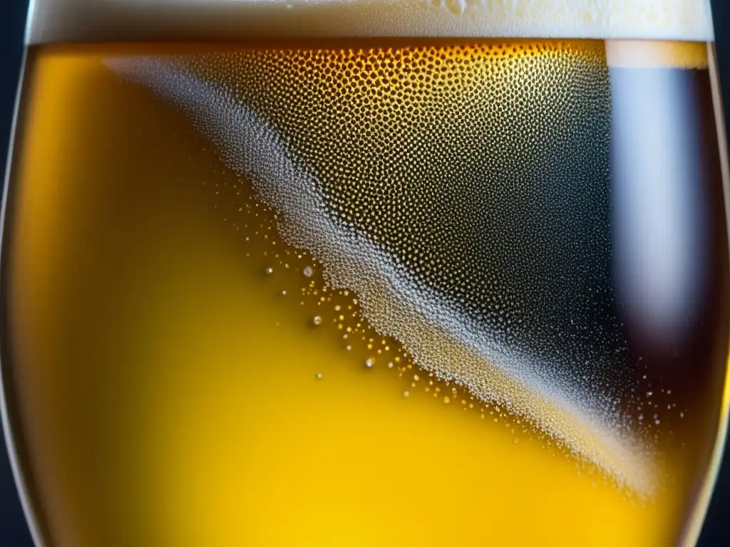 Cerveza dorada con burbujas efervescentes Cerveza dorada efervescente con burbujas que reflejan la luz y head espumosa