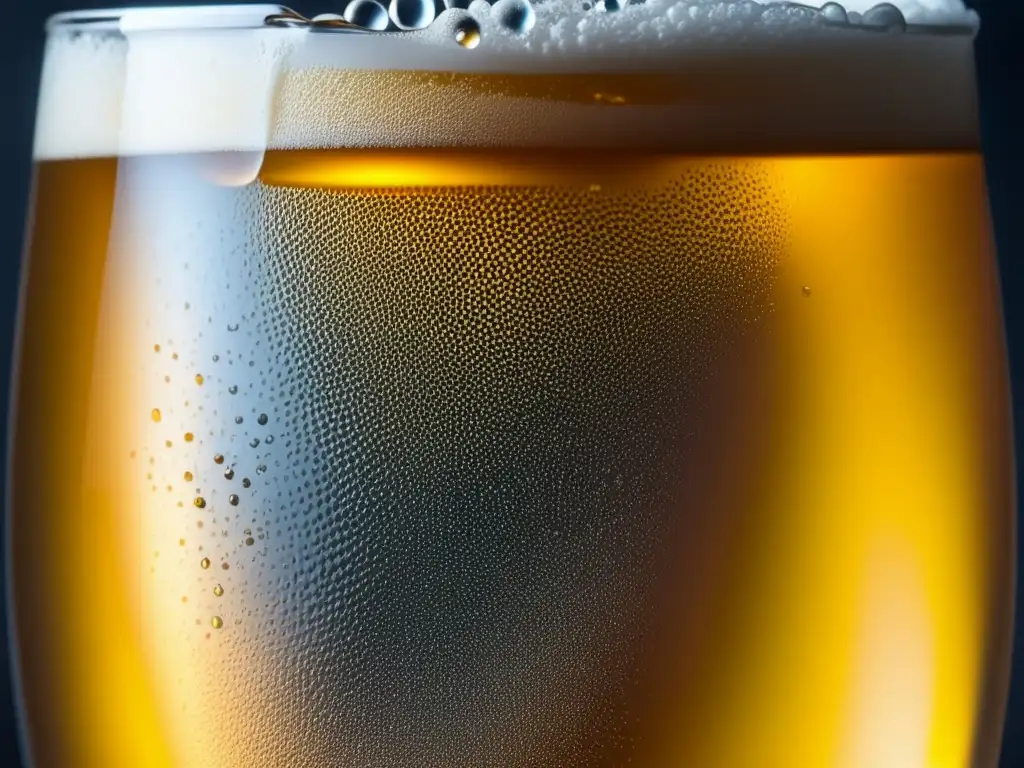 Cerveza artesanal dorada en vaso con burbujas Cerveza artesanal en vidrio helado, burbujas doradas y condensación, Recursos de Estudio