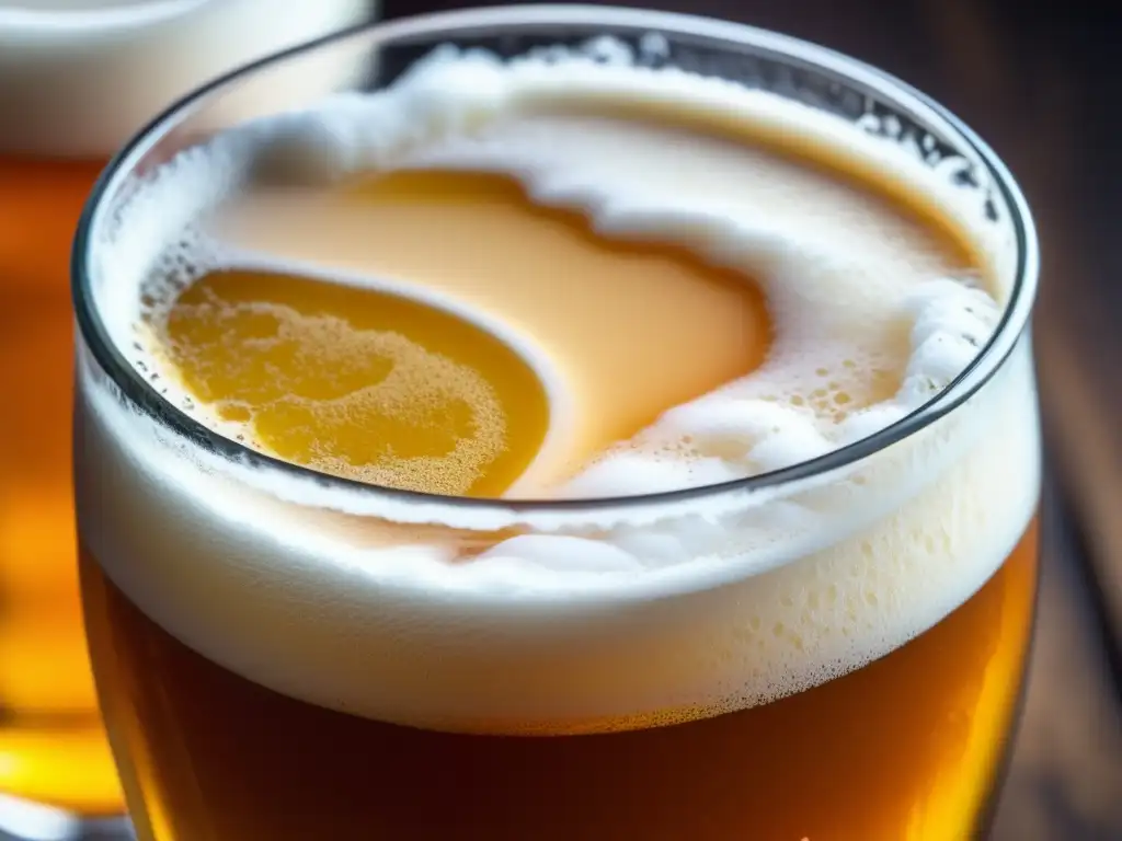 Armonía de sabores en una cerveza artesanal con tonos dorados, ámbar y oscuros, espuma cremosa y burbujas efervescentes