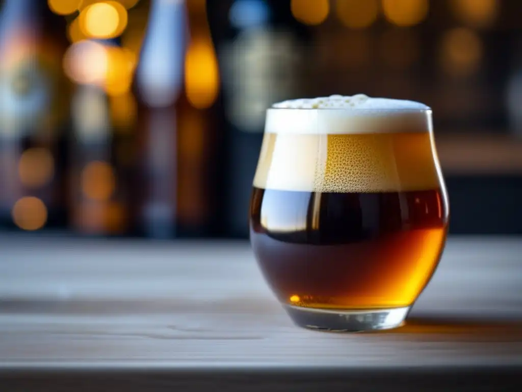 Cerveza dorada con espuma cremosa y adjuntos aromáticos Cerveza ámbar con espuma cremosa, adornada con adjuntos de vainilla, canela, café, frutas secas y cacao