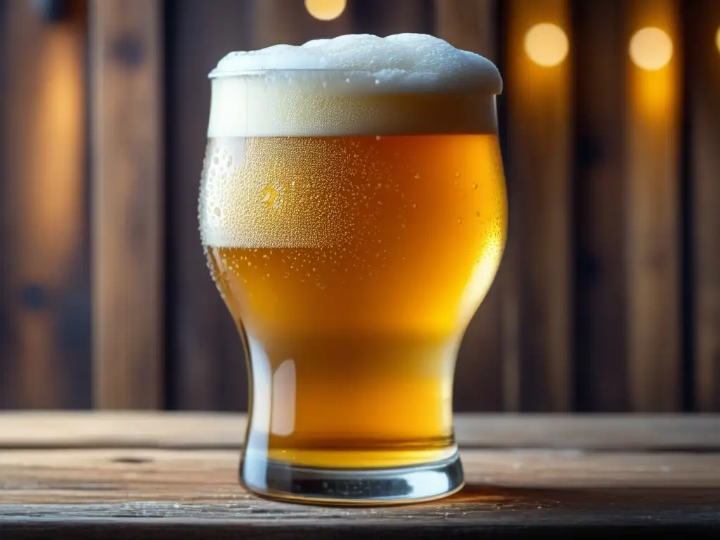 Detalle exquisito de cerveza dorada y espumosa Proyectos de investigación: Imagen detallada de una cerveza dorada y espumosa en un vaso de vidrio sobre una mesa de madera rústica