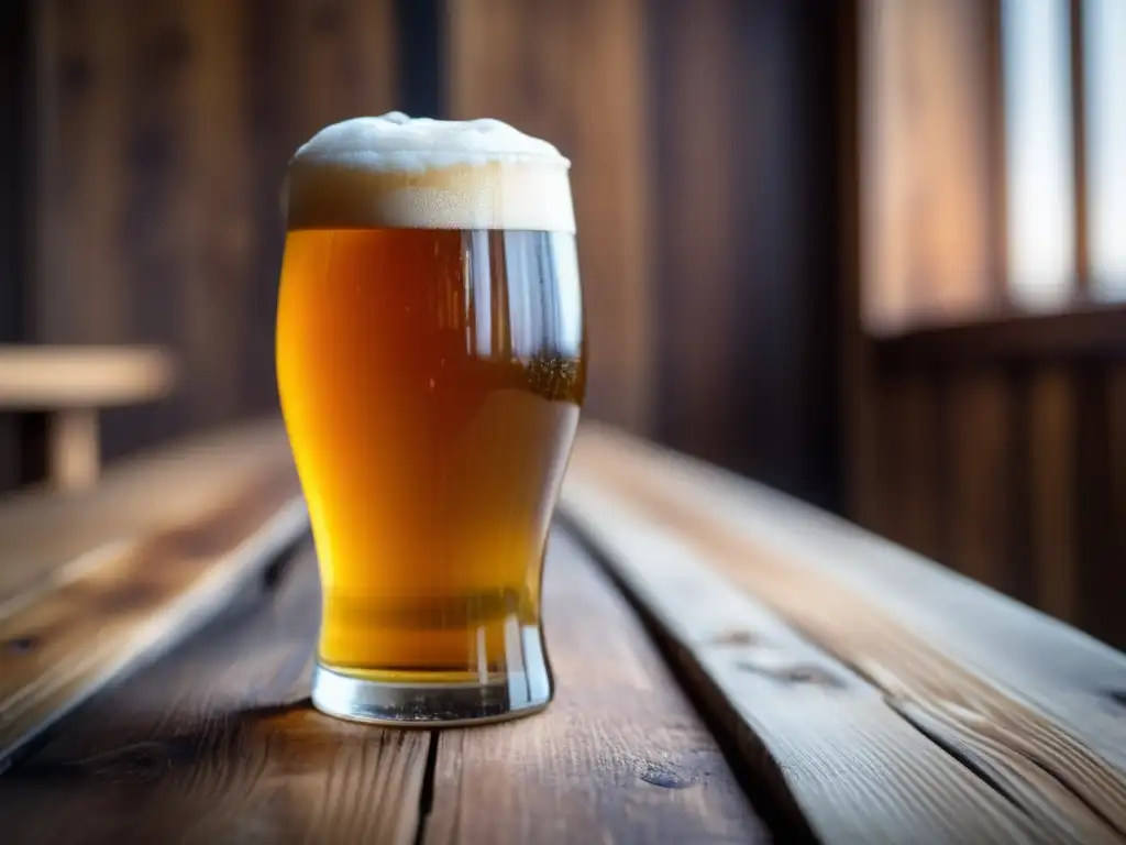 Cerveza artesanal con espuma cremosa en mesa de madera Cerveza artesanal con espuma cremosa y condensación en una mesa de madera - Tendencias Cerveceras