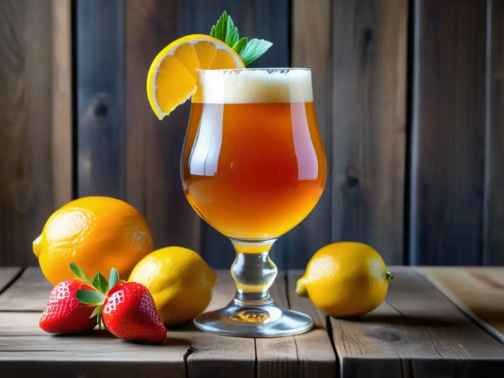 Cerveza artesanal dorada con frutas frescas Cerveza artesanal con frutas en una imagen detallada