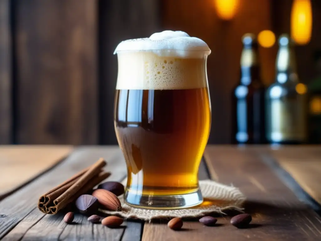Cerveza dorada con ingredientes Vaso de cerveza con espuma y elementos que representan sabores - Vocabulario de sabor
