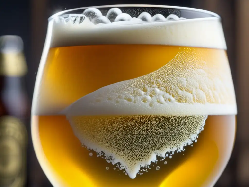 Cerveza artesanal dorada con ingredientes frescos Cerveza artesanal con espuma dorada y burbujas, adornada con ingredientes autóctonos vibrantes -