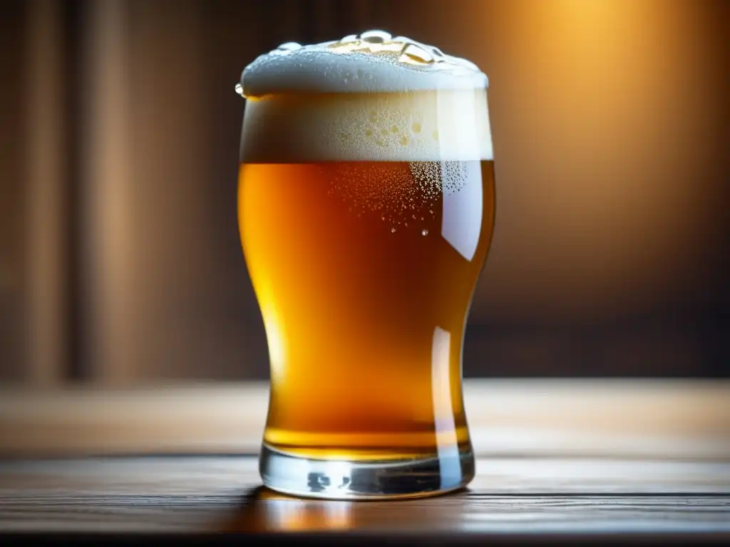 Cerveza artesanal con ingredientes locales Cerveza con espuma cremosa y condensación en vidrio, resaltando ingredientes autóctonos