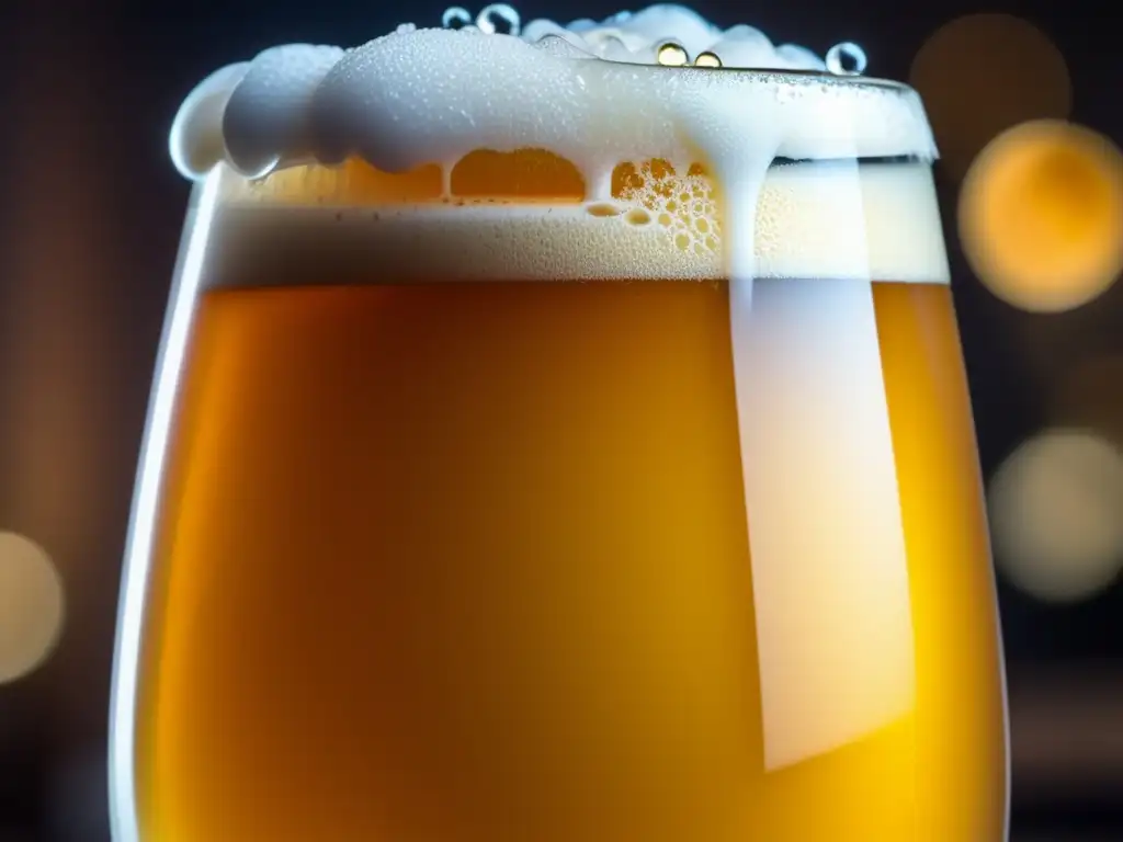 Cerveza dorada con ingredientes exóticos Cerveza con sabor exótico: vaso con líquido dorado, espuma cremosa, burbujas, frutas tropicales y hierbas fragantes