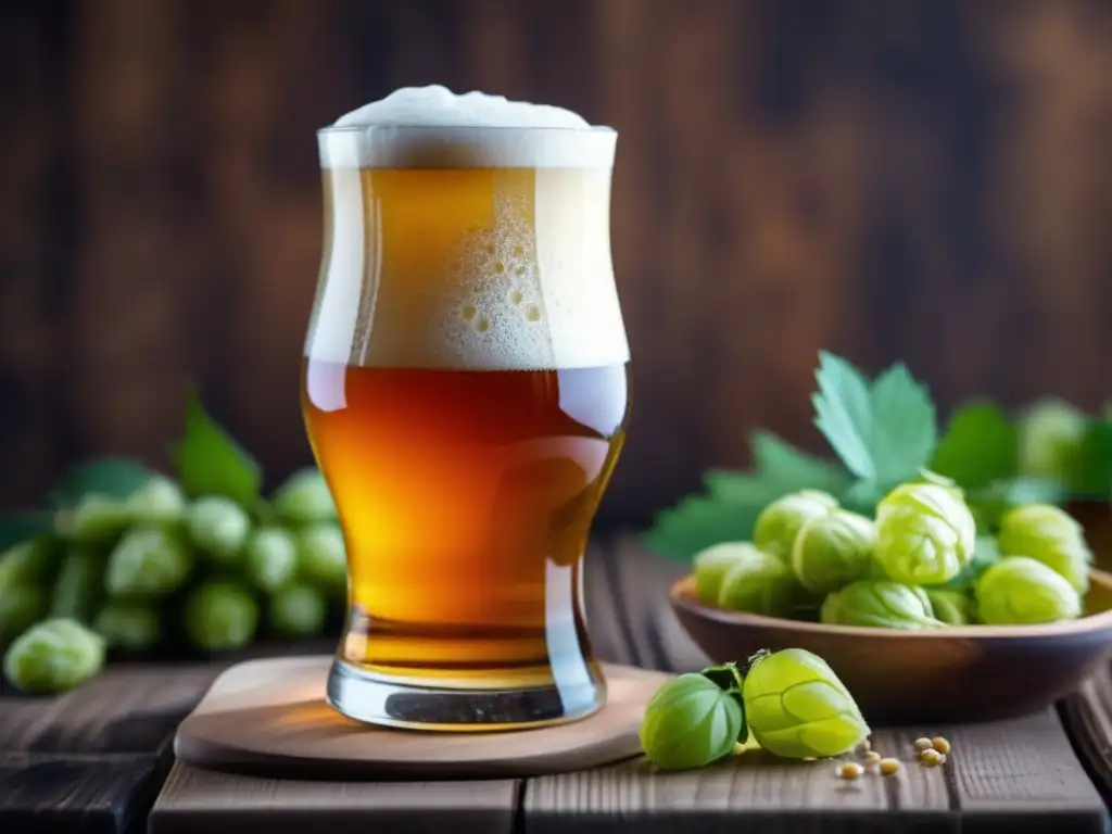 Cerveza dorada con espuma abundante y lúpulos frescos Kit cerveza extracto con espuma, hops frescos y detalles vibrantes