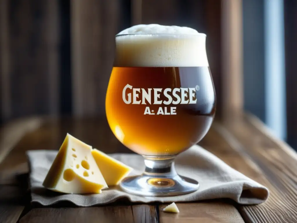Cerveza y quesos gourmet en mesa rústica Vaso de Genesee Cream Ale en mesa de madera rústica, con quesos recomendados - 110 caracteres