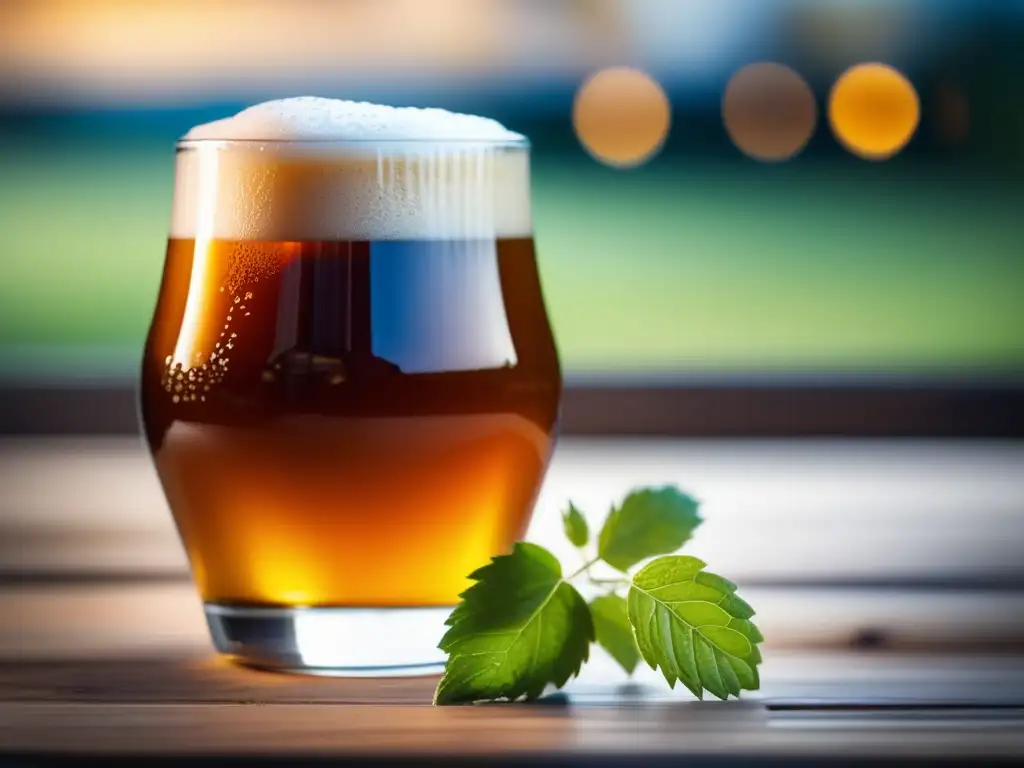 Cerveza artesanal: detalle en vidrio Cerveza artesanal ámbar con espuma y lúpulo fresco en mesa de madera
