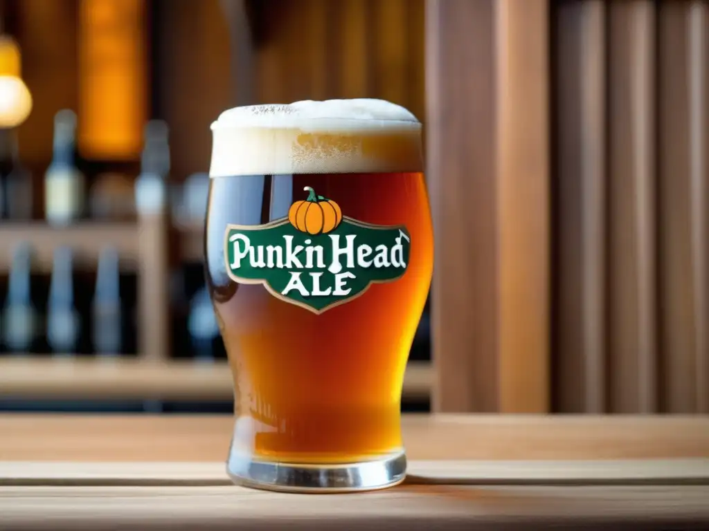 Cerveza artesanal de calabaza en vaso Cerveza artesanal de calabaza Dogfish Head con espuma cremosa y detalles intrincados
