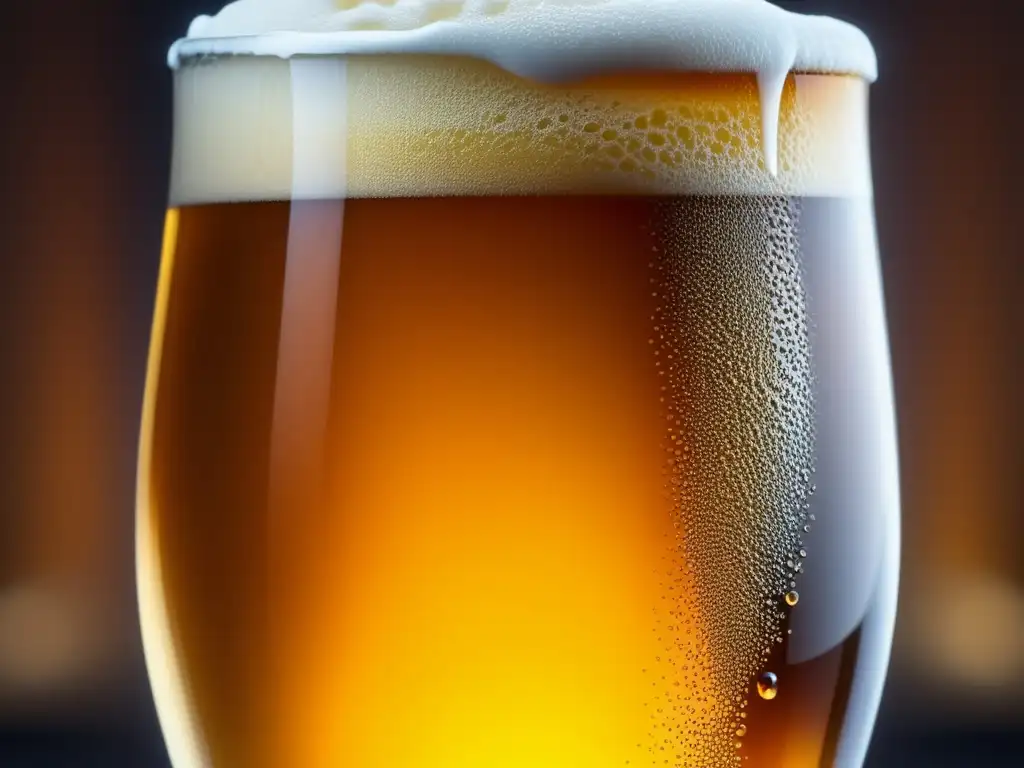 Cerveza artesanal ámbar en vaso con burbujas y espuma cremosa - Talleres Virtuales de Cata